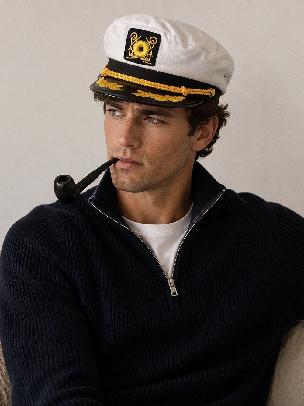 White and Black Captain's Hat with Gold Detailing and smoking pipe.